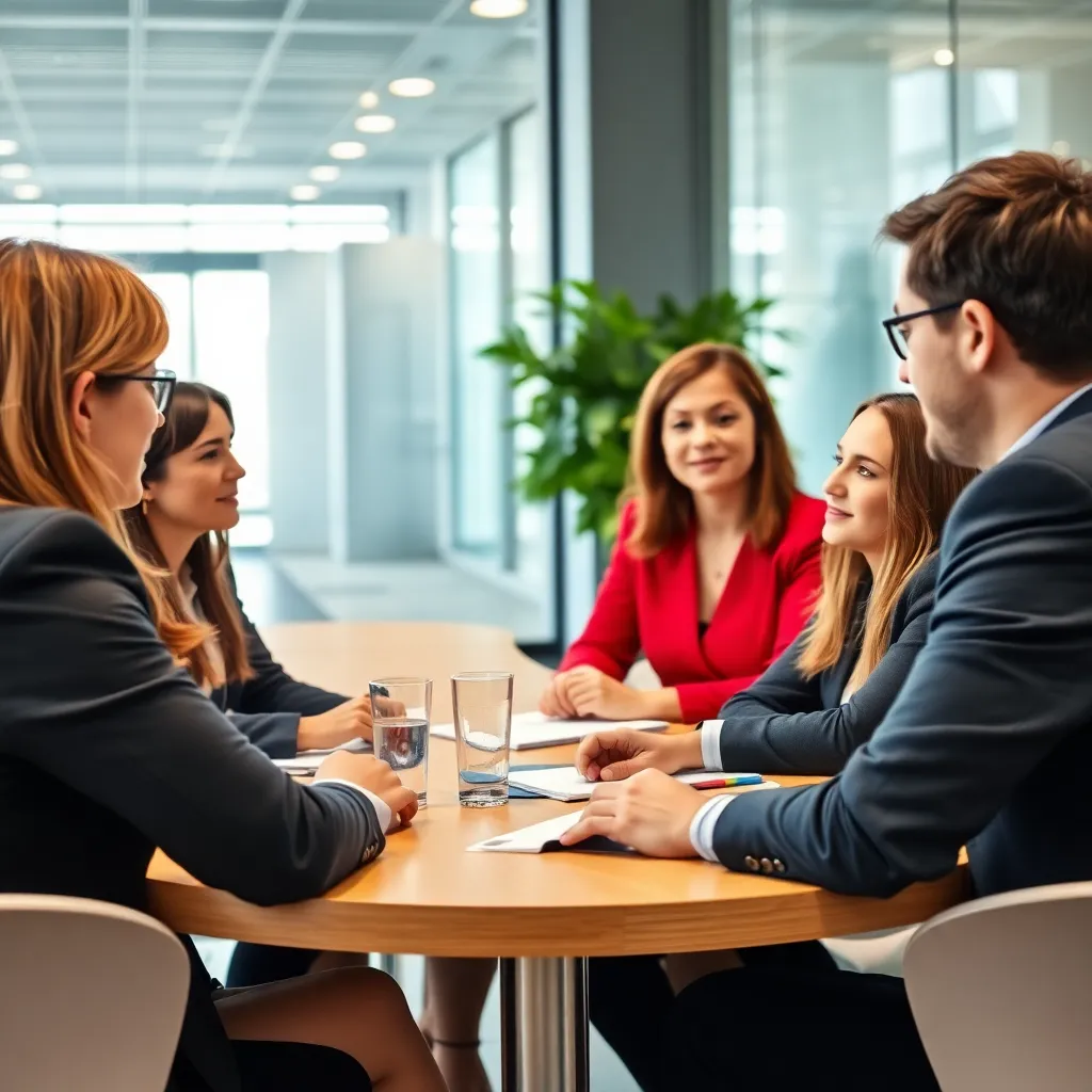 Diverse Gruppe von Fachleuten in einem deutschen Unternehmen diskutiert Karrierestrategien