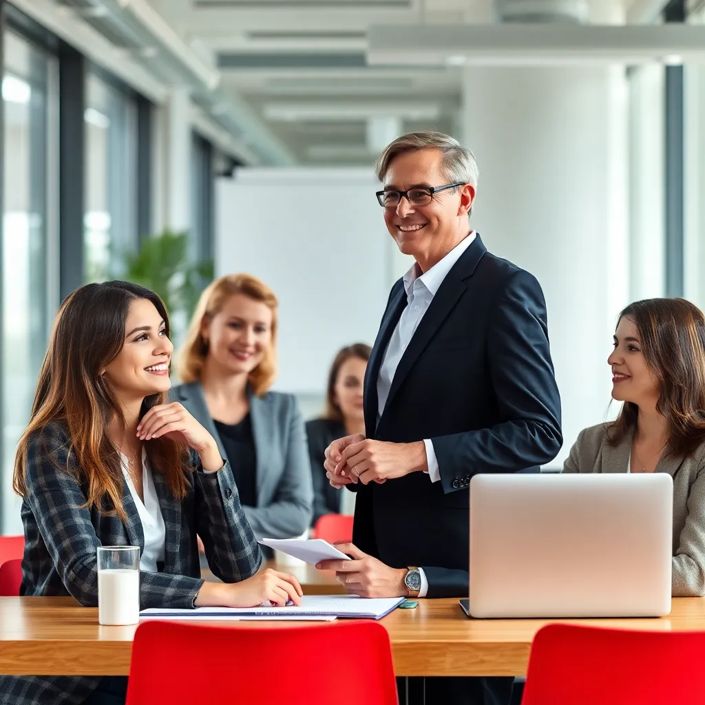 Deutsche Führungskraft leitet ein diverses Team in einem modernen Büro