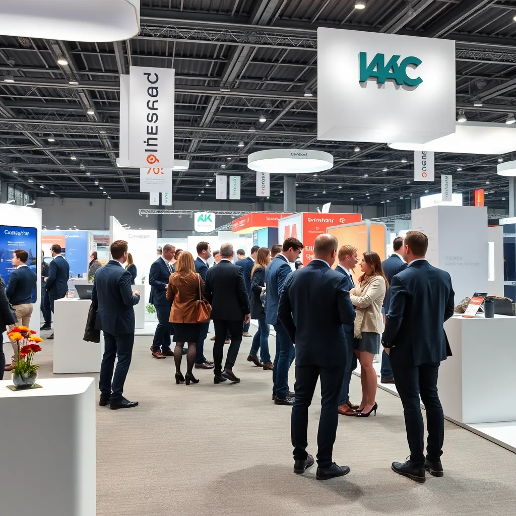 Geschäftsleute beim Networking auf einer deutschen Fachmesse